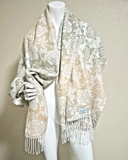 Aurora Paci Italia Reversible Floral Shawl Scarf Beige Gray Fringe Soft Wrap