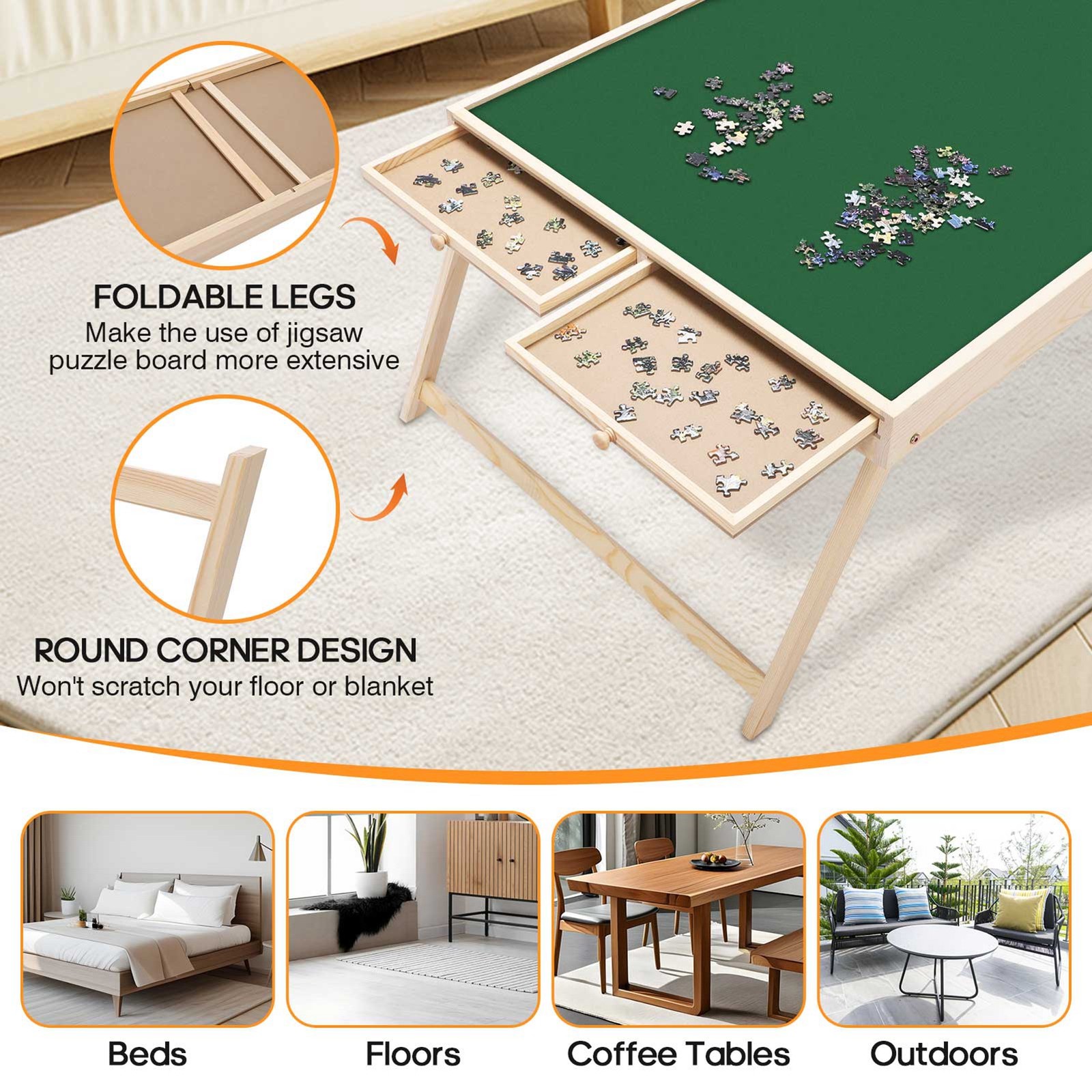 Jigsaw Puzzle Table 4 Drawers Folding Legs Round Corner Portable Puzzle Tab BTM