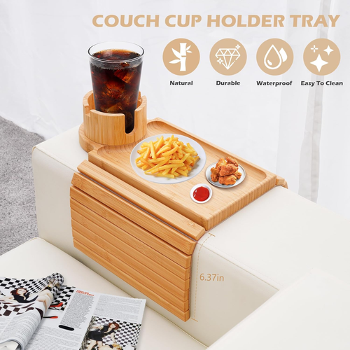 Couch Cup Holder Tray, 3 in 1 Couch Arm Table Tray,Large Bamboo Sofa Arm Rest Ta - Picture 2 of 9