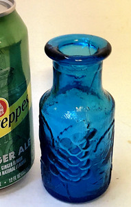 MCM ITALIAN ART GLASS BOTTLE by EMPOLI - TURQUOISE BLUE - RELIEF GRAPES + FRUIT
