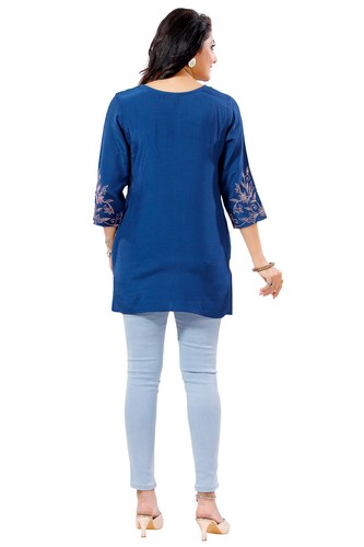 Abito Camicia Kurta Ricamo Filato Miscela Viscosa Indiana Blu Kurti Tunica BH06BL - Foto 5 di 8