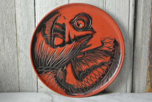 Vintage Japanese Kamakura Bori  Red Lacquerware Wooden Carved Koi Fish Design