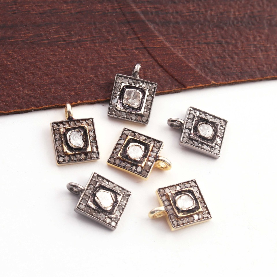 1 Pc Pave Diamond with Rose Cut Diamond 925 Sterling Silver/ Vermeil ...