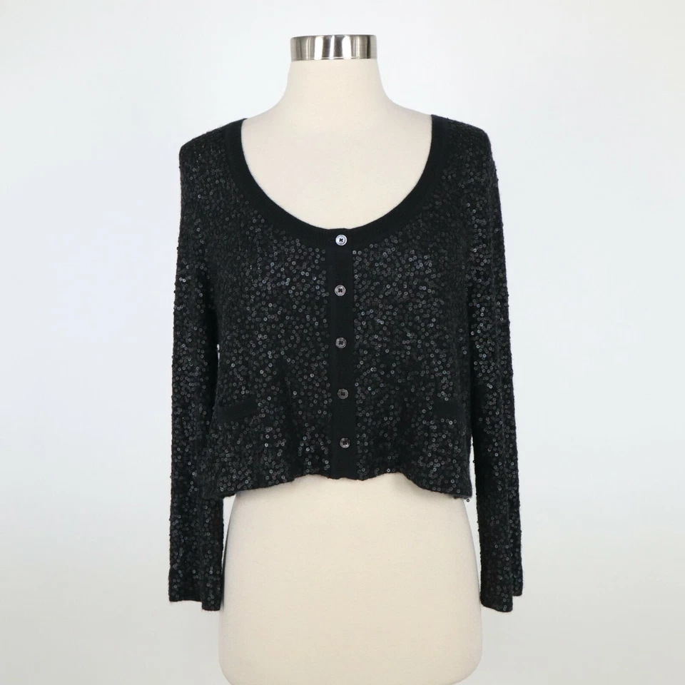 Cárdigan Recortado de Cachemira Colección Donna Karan L Grande Negro Lentejuelas Cóctel