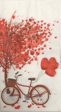 two Individual Paper Dinner decoupage napkins Valentine Hearts Red Tree Bicycle