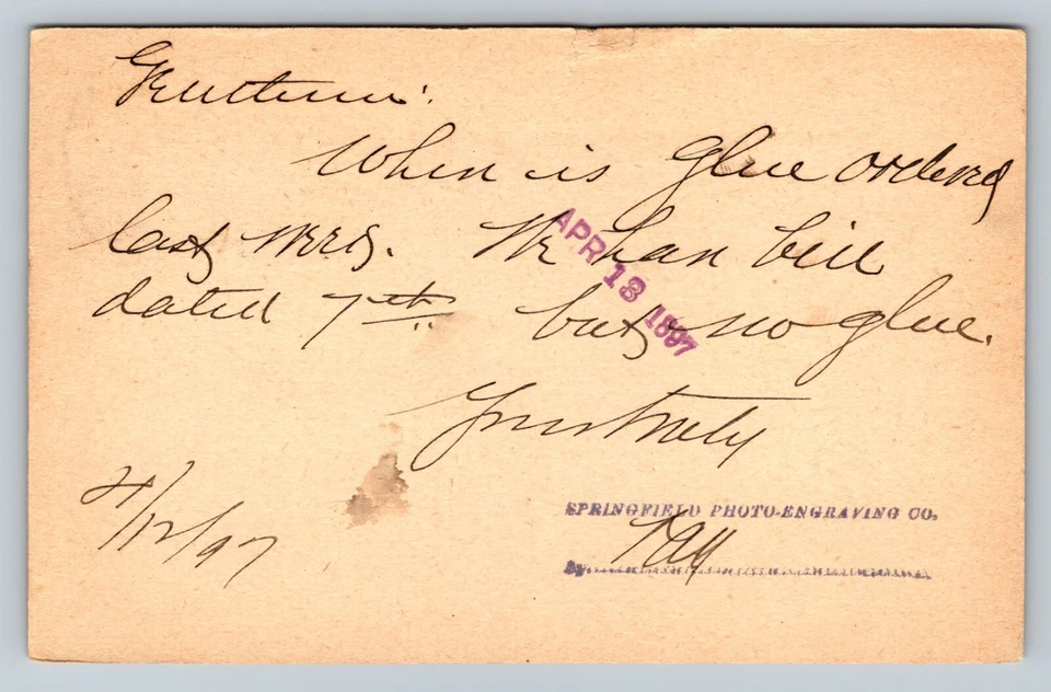 1894 UX12 Postal Card 1c GLOUCESTER MA RUSSIA CEMENT CO (LePage)  'No Glue' - Image 3 of 3