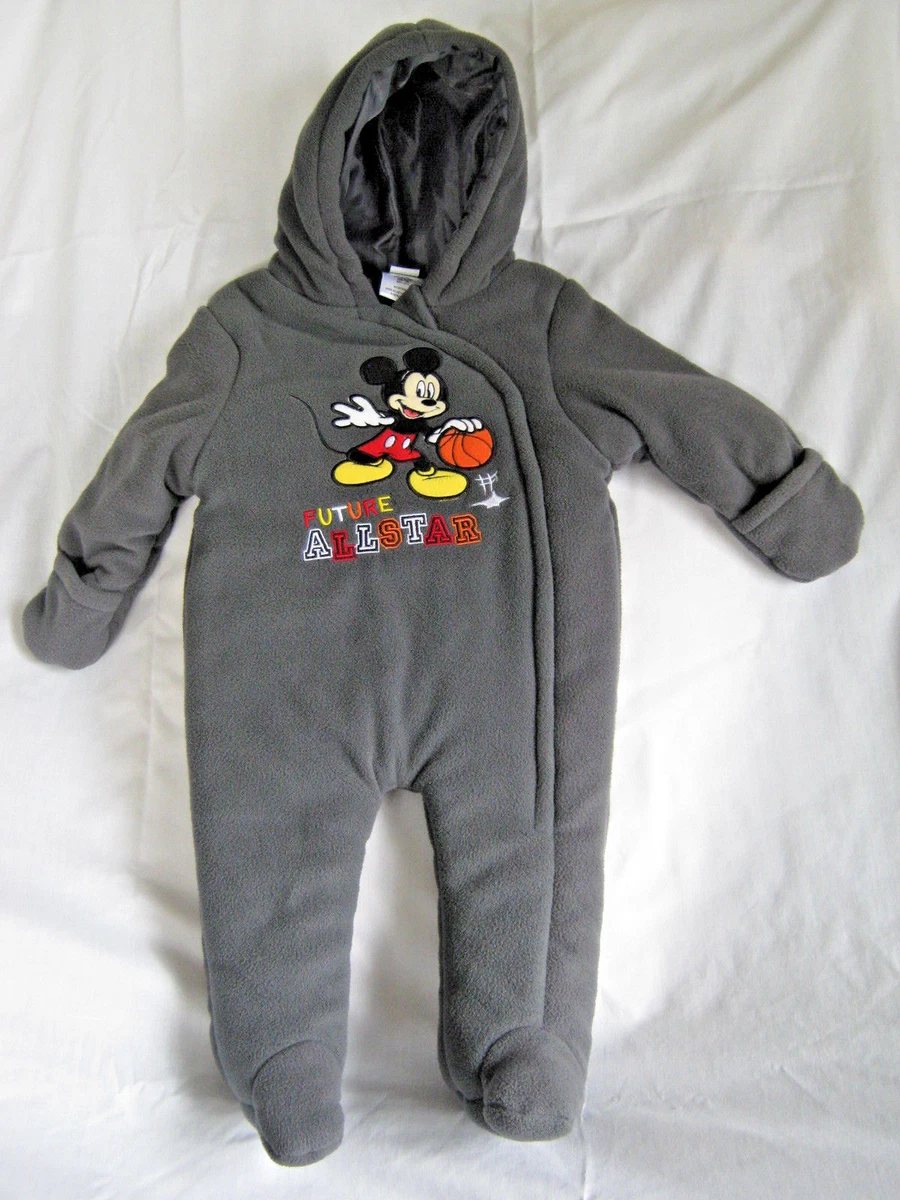 Disney Baby Mickey Mouse Winter Fleece Lined Hooded Snowsuit Size 6 9 mo. Gray