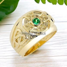 Emerald Round Cut With 925 Sterling Silver Gold Plated Ring For Men's #631 *