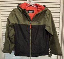 Eddie Bauer Double Zip Up Jacket Hood Size Small Olive/Black Pockets Logo