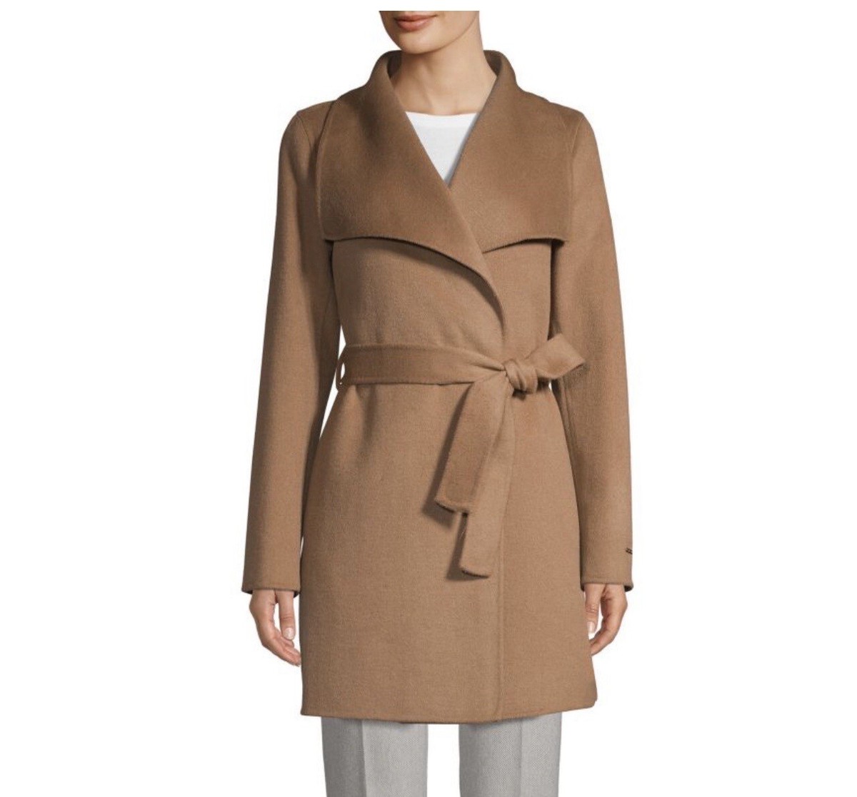 NWT Tahari Wool Belted Wrap Coat Beige Mid Length Tan Collared Size L