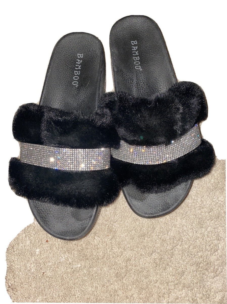 Rhinestone Bamboo Faux Fur Slides Bamboo Women's Faux Fur