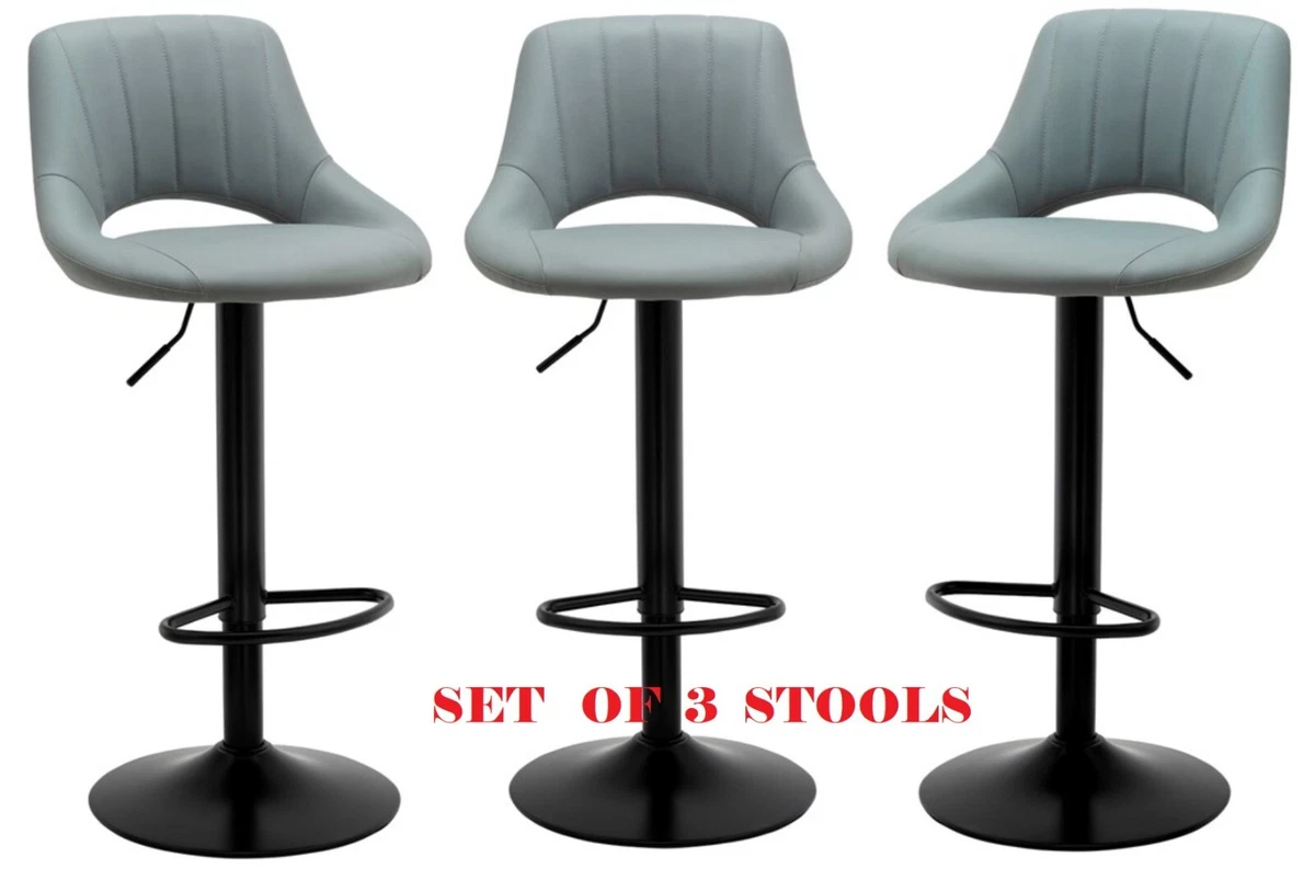 3 X Bar Stools Grey Faux Leather Kitchen Breakfast Bar Black Metal Parts