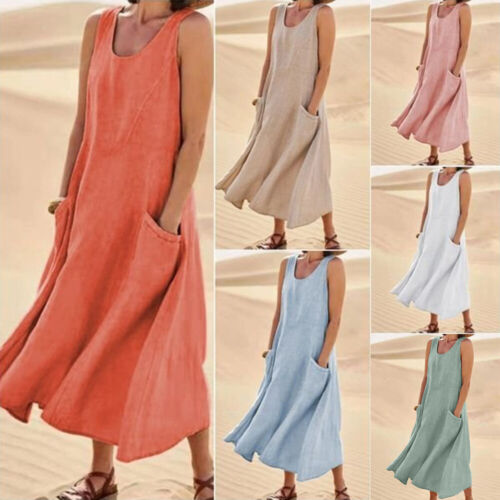 Ladies Plain Cotton Linen Sleeveless Dress Womens Casual Crew Neck Maxi Sundress