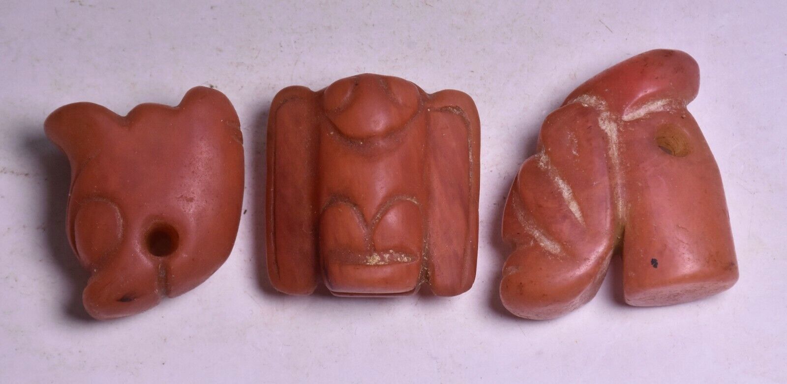 5CM Hongshan Culture Red Crystal Bird Beast Head Three Item Set Amulet Pendant