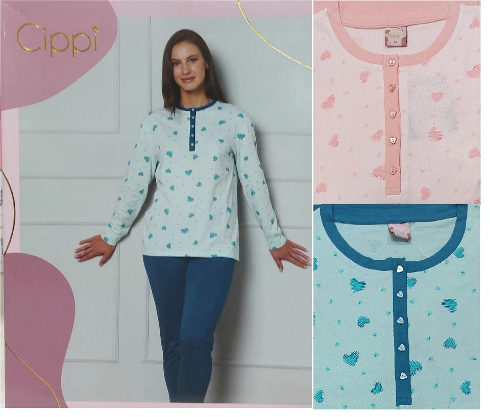 PIGIAMA DONNA GIOVANILE COTONE 100% STAMPA CUORICINI SERAFINO CON POLSINI CIPPI - Immagine 2 di 3