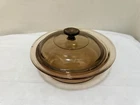 Vintage Pyrex Amber Vision Round Ribbed Casserole Dish w Lid 1.5 Qt V-32-B