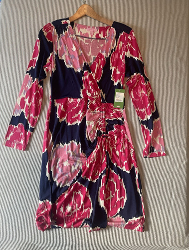 Lilly Pulitzer Augusta Wrap Dress Bravissimo Bright Navy Floral V-Neck L