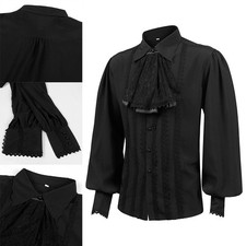 Stylish Black Gothic Pirate Shirt with Victorian Touch and Ruffle Jabot