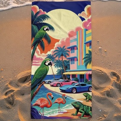 Retro Miami Beach Towel - South Beach Art Deco Neon Flamingo Palm Sunset