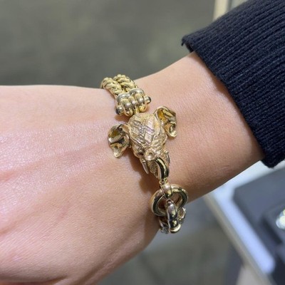 14k Yellow Gold Hand Made Vintage Elephant Toggle Lock 3D Head Mesh Bracelet