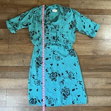 VINTAGE Size 14 Jane Baar New York Womens Teal Black Floral Shirt Dress Mid 9812