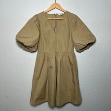 Madewell Poplin V-Neck Bubble-Sleeve Mini Dress Womens 0 Khaki Tan Pockets