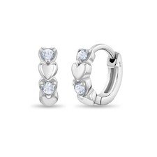 Heart  CZ 9mm Kids / Girls Earrings Hoop with Safety Latch - Sterling Silver