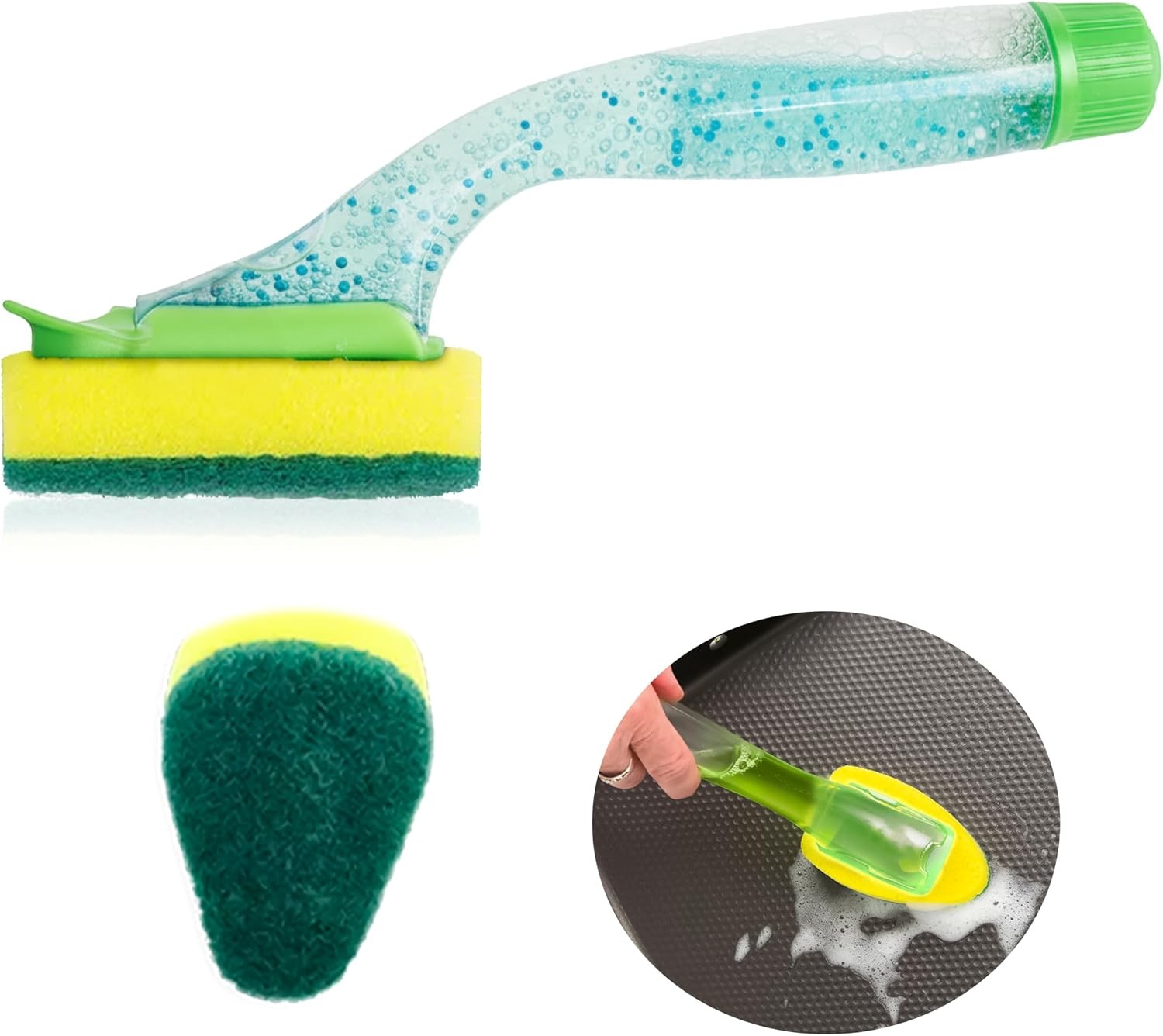 Soap Dispensing Washing Up Scrubber Plastic Handle Sponge & Scouring Pad