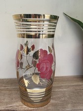Vintage Tall Vase 1950/60s  Gold Rims Hand Painted Red Florals Retro MCM VGC
