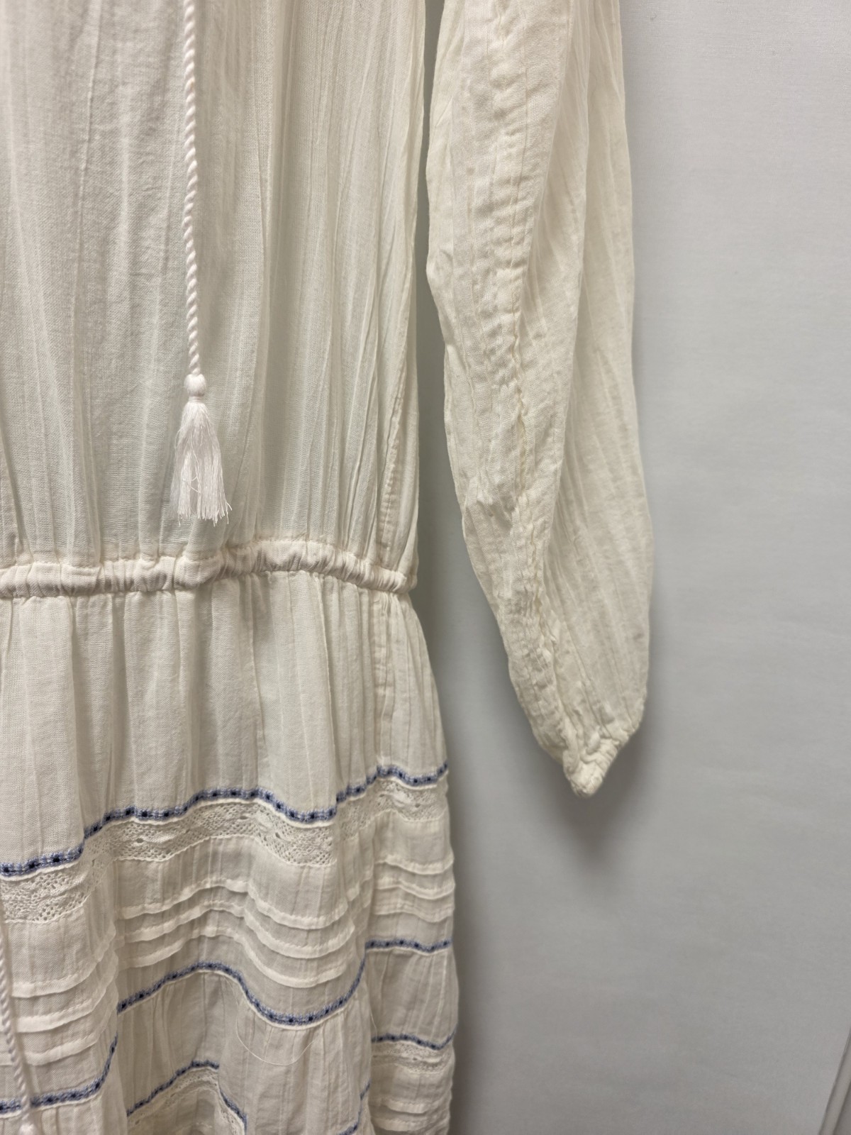 H&M White Blue Geometric Embroidered V-Neck Tassel Tie Dress UK 8 image 5