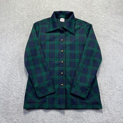 VINTAGE Graff Shirt Jacket Womens M/L? Green Blue Plaid Gold Buttons Shacket