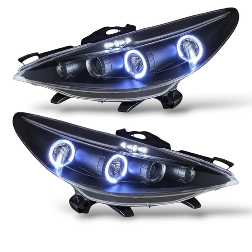 LHD Projector Headlights Pair Angel Eyes Clear Black For Peugeot 207 06-12