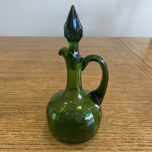 Vintage Glass Perfume Jar Cruet W/ Stopper  7.5” Tall Emerald Green