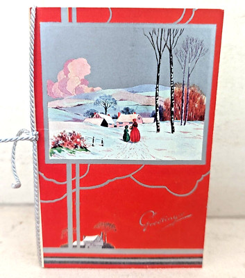 Vtg 1938 Crinoline Lady Girl Snow Woodland House Christmas Greeting Card (EB9892