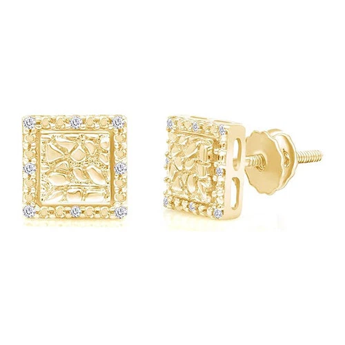 Aretes de pepita cuadrada con tornillos de diamantes redondos naturales de oro amarillo de 10 quilates Foto 4 de 4