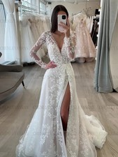 White Long Sleeve Lace Wedding Dresses with Deep V Neckline and High Slit Gowns