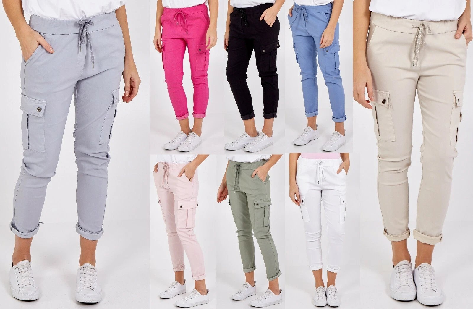 New Ladies Magic Super Stretch Comfy Plain Joggers Cargo Pocket Trousers Pant