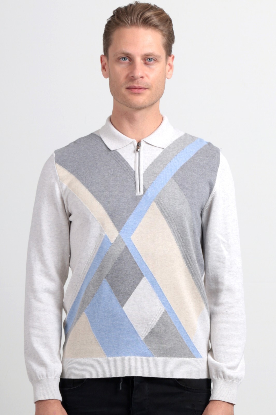 Jack Martin Grey Argyle Knit Polo Shirt for Men