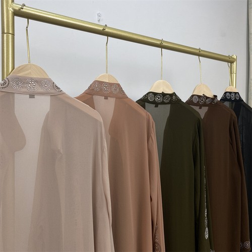 Elegant Dubai Chiffon Diamond Cardigan Dress Muslim Abaya Kaftan African Clothes - Picture 4 of 43