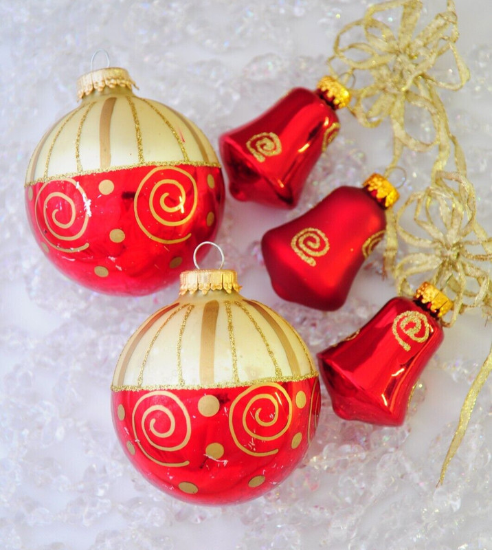 Five Red Glass Christmas Ornaments Balls & Bells