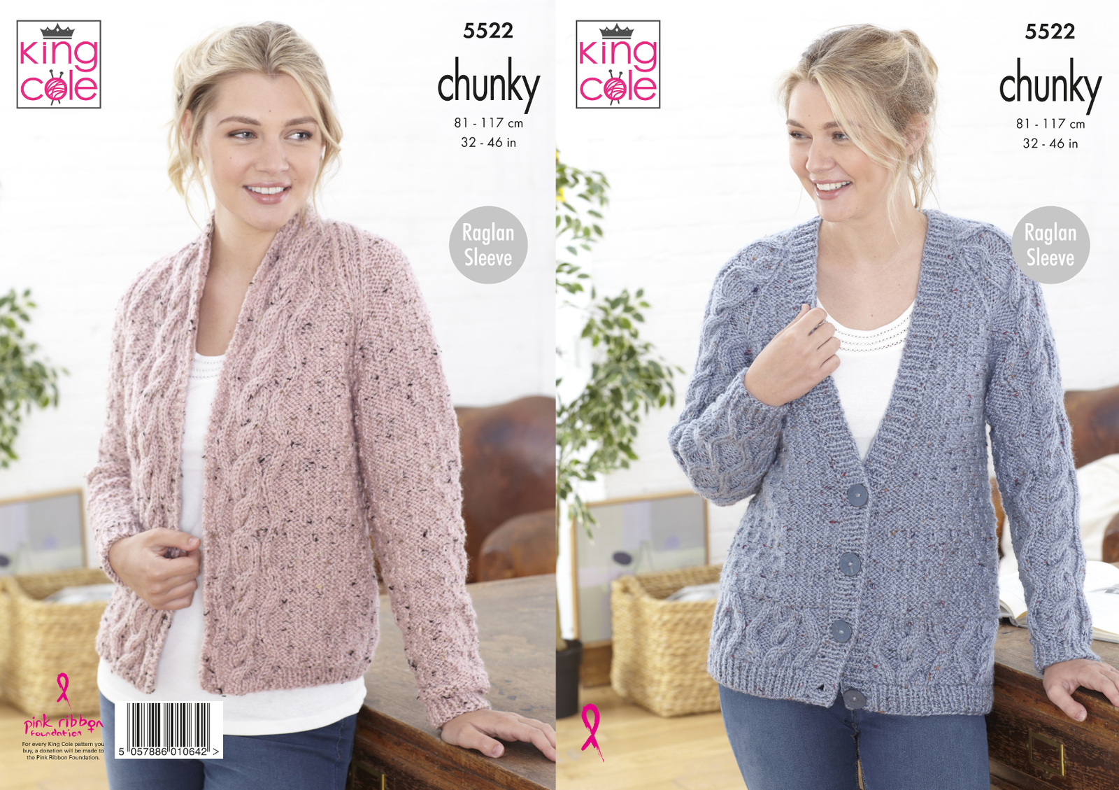 Knitting Pattern Womens Cable Knit Raglan Sleeve Cardigans King Cole Chunky 5522