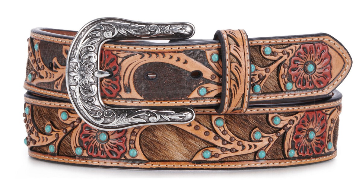 Ariat Womens Red Floral Tooled Calf Hair Underlay Leather 