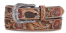 Ariat Womens Red Floral Tooled Calf Hair Underlay Leather Belt
