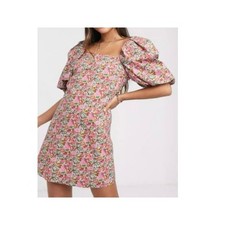Mango MNG Floral Puff Sleeve Mini Dress Pink Green Square Neck Size 4 EUR 36