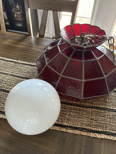VTG  Stained Glass Tiffany Style Red Hanging Swag Lamp With Globe Light MCM Plug