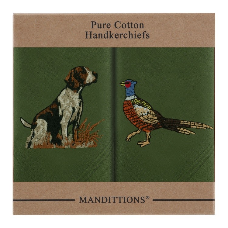 Hound Dog and Pheasant Handkerchiefs 2 Mens Green Cotton Embroidered Hankies