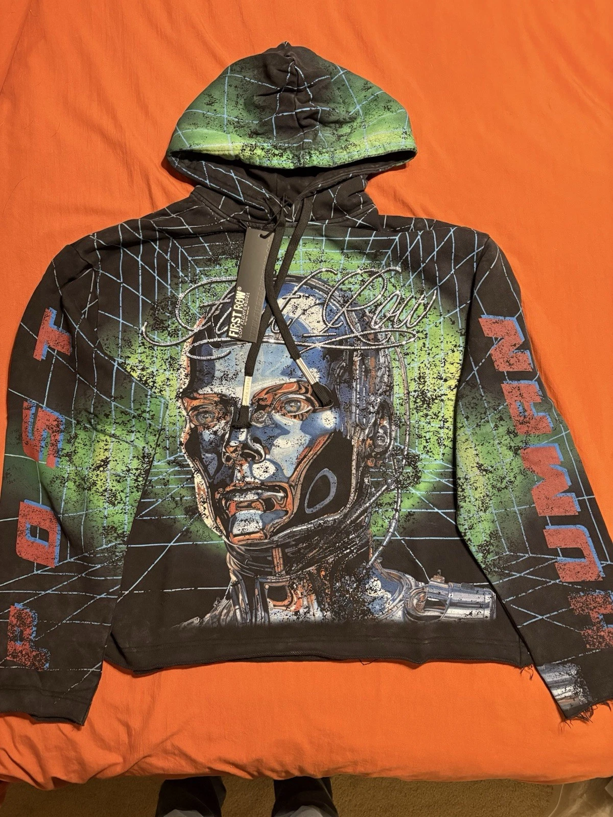First Row Men's Futuristic Graphic Print Pullover Hoodie Black Green M