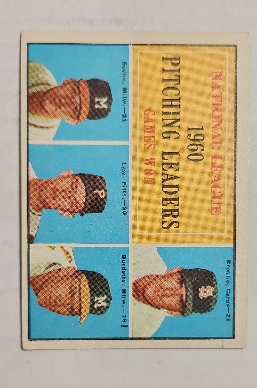 1961 Topps - League Leaders Warren Spahn, Vern Law, Ernie Broglio #47 Black Bar