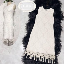 CHANEL Dress Sleeveless Knit 36 Off White Crocheted Flower Detail