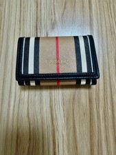 Burberry Tri-Fold Wallet Striped Leather Beige Black Red Compact Used